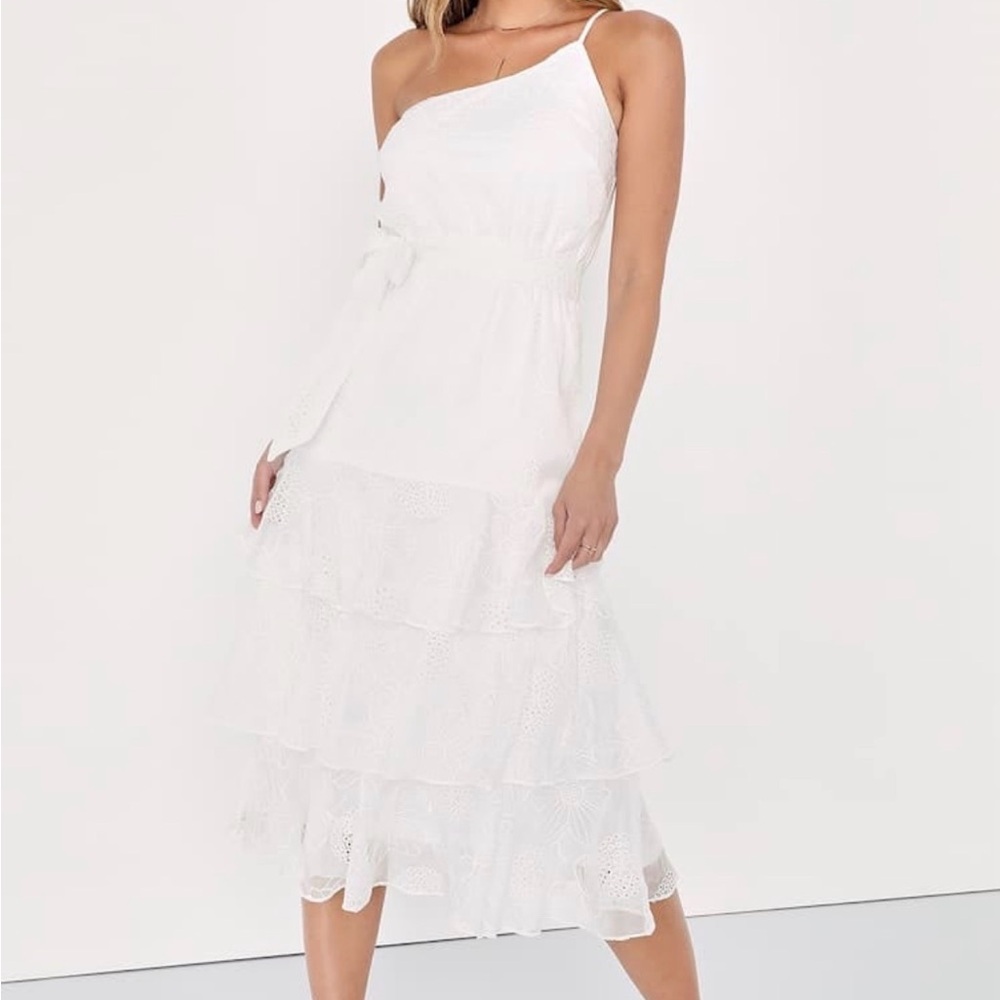 Lulu's White One-Shoulder Ruffle Dress